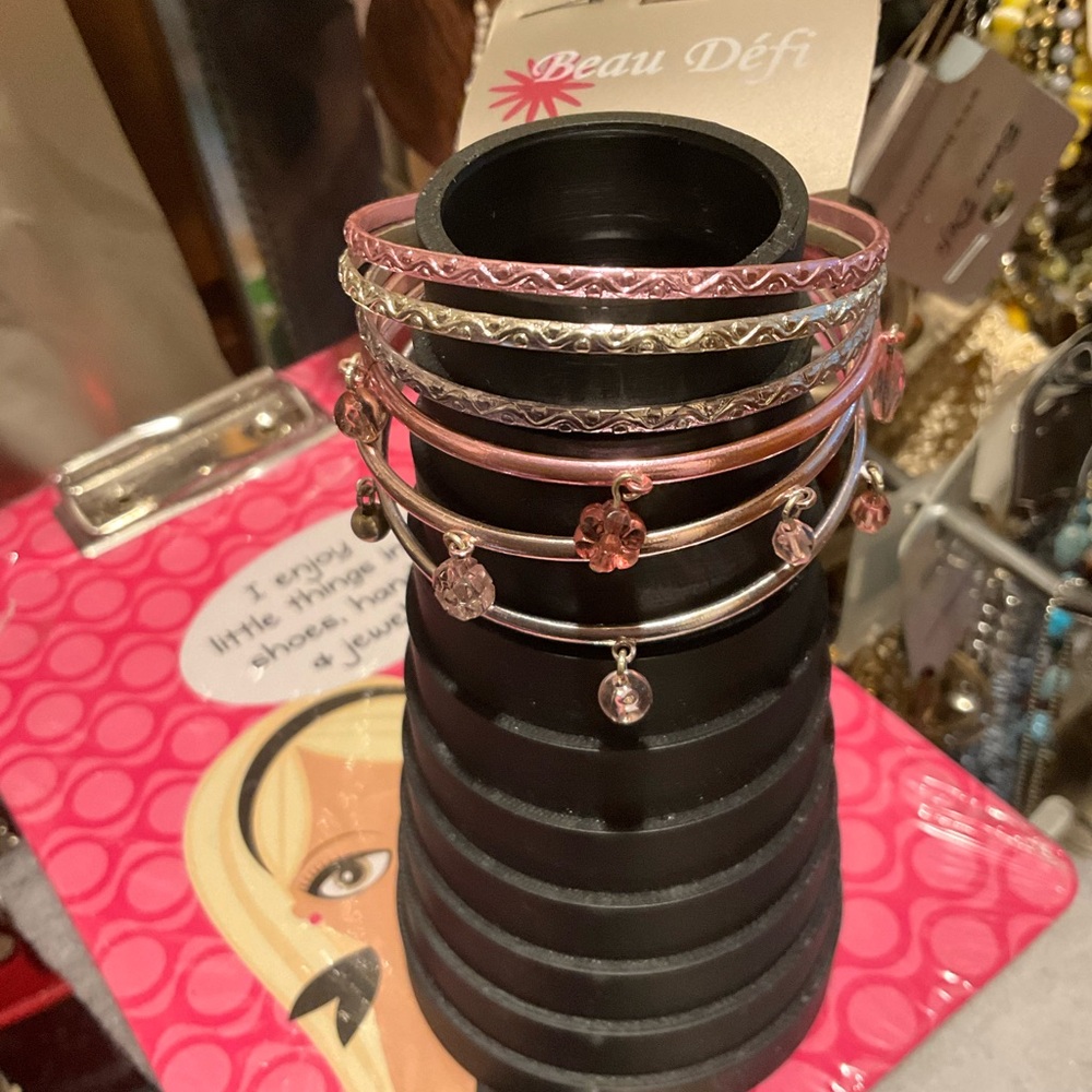 6pc Pink& Silver Bangle Set BeauDéfi crystal charms NEW small wrists child/Adult